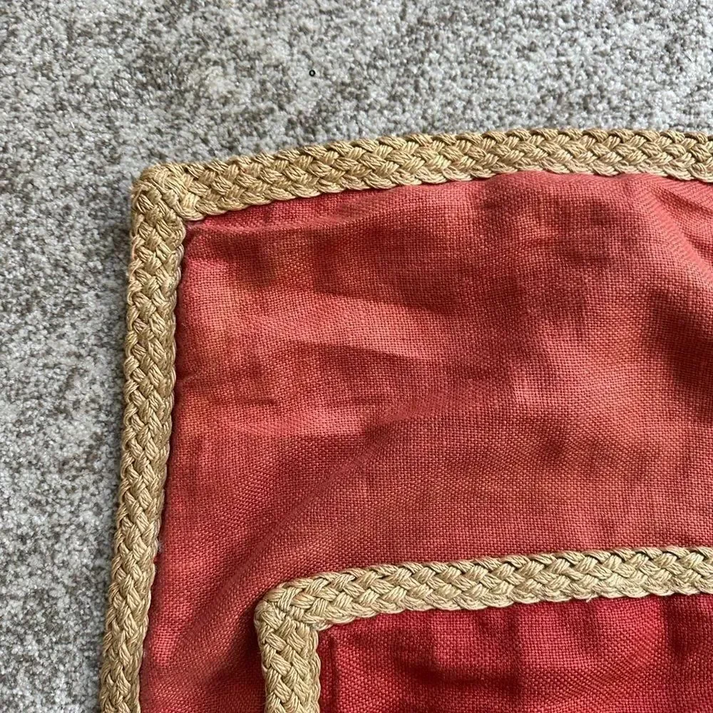 Pottery Barn Rust & Tan Raffia Trimmed Pillow Covers 20”x20”